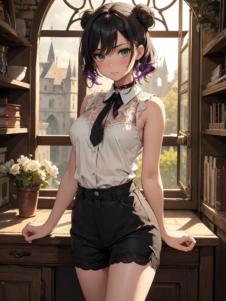 masterpiece, ((ultra detailed background, delicate pattern, intricate detail)), (highly detailed, fine details), best quality, beautiful lighting, ((medium breasts, slim girl)), Reze, 1girl, solo, green eyes, choker, hair between eyes, multicolor hair, purple hair, black hair, hair bun, short hair, ((white shirt, collared shirt, sleeveless, ribbon, black shorts)), blush, complex detailed background, inside, castle room environment, medieval castle, gray walls, window, bookshelf, (cowboy shot),