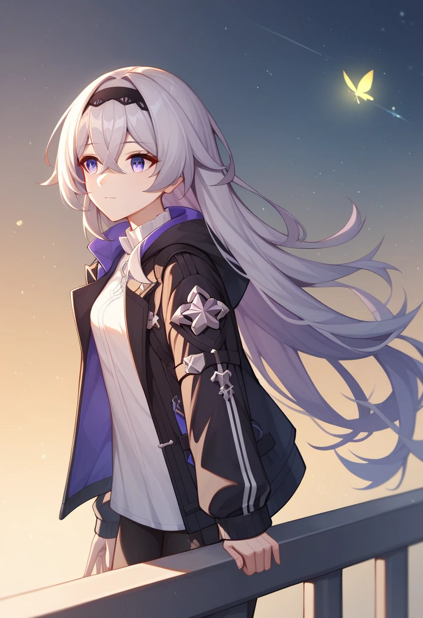 firefly_\(honkai:_star_rail\), 1girl, black_hairband, grey_hair, long_hair, purple_eyes, black_jacket, long_sleeves, hair_between_eyes, white_shirt, very_long_hair