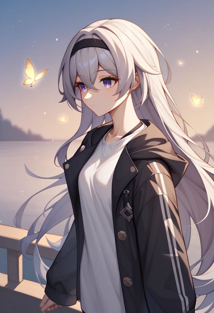 firefly_\(honkai:_star_rail\), 1girl, black_hairband, grey_hair, long_hair, purple_eyes, black_jacket, long_sleeves, hair_between_eyes, white_shirt, very_long_hair