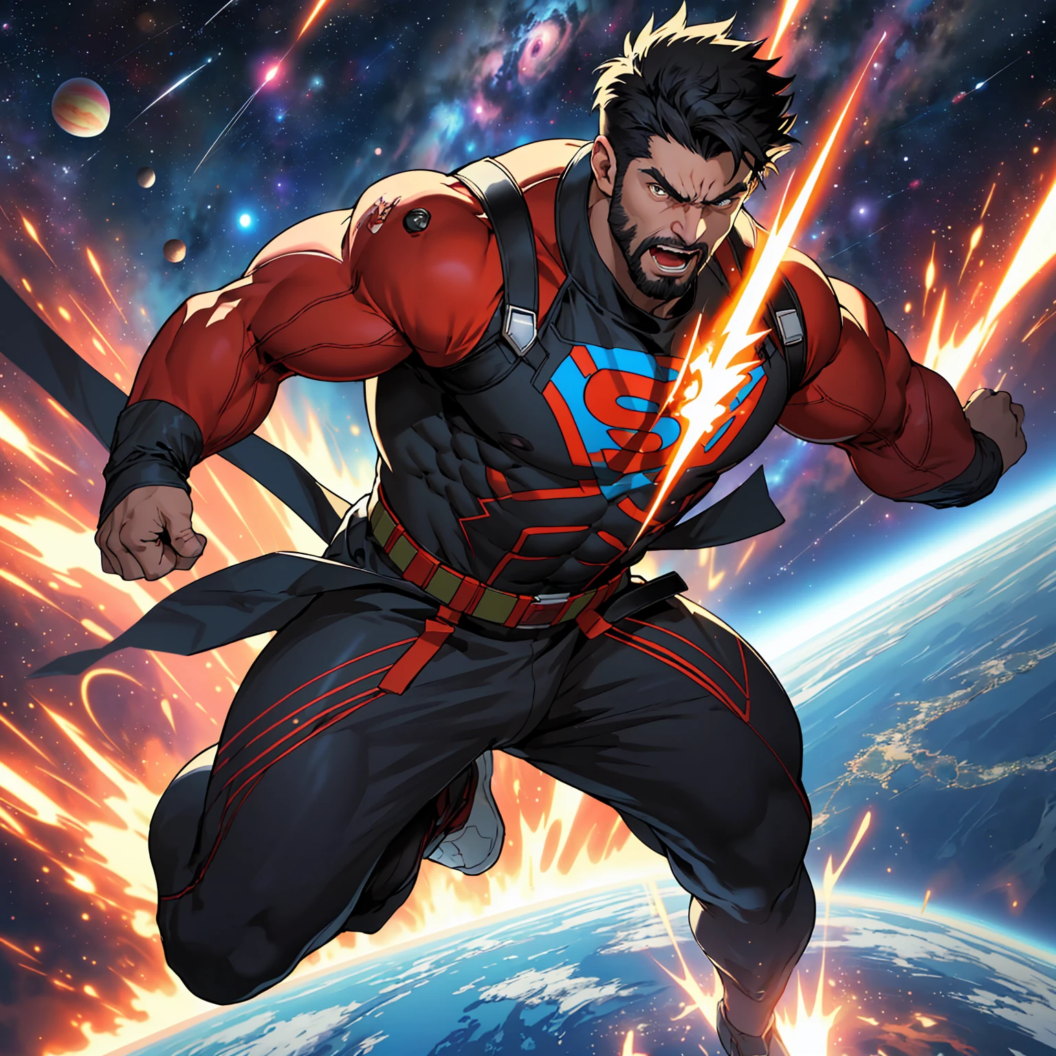 1man, masterpiece, best quality, detailed background, solo, full body, facial hair, muscular male, tight Super Hero Outfit, anger, yelling, furious supernatural power glowing, Space, Outer space, Vibrant Colorful planets, depth of field