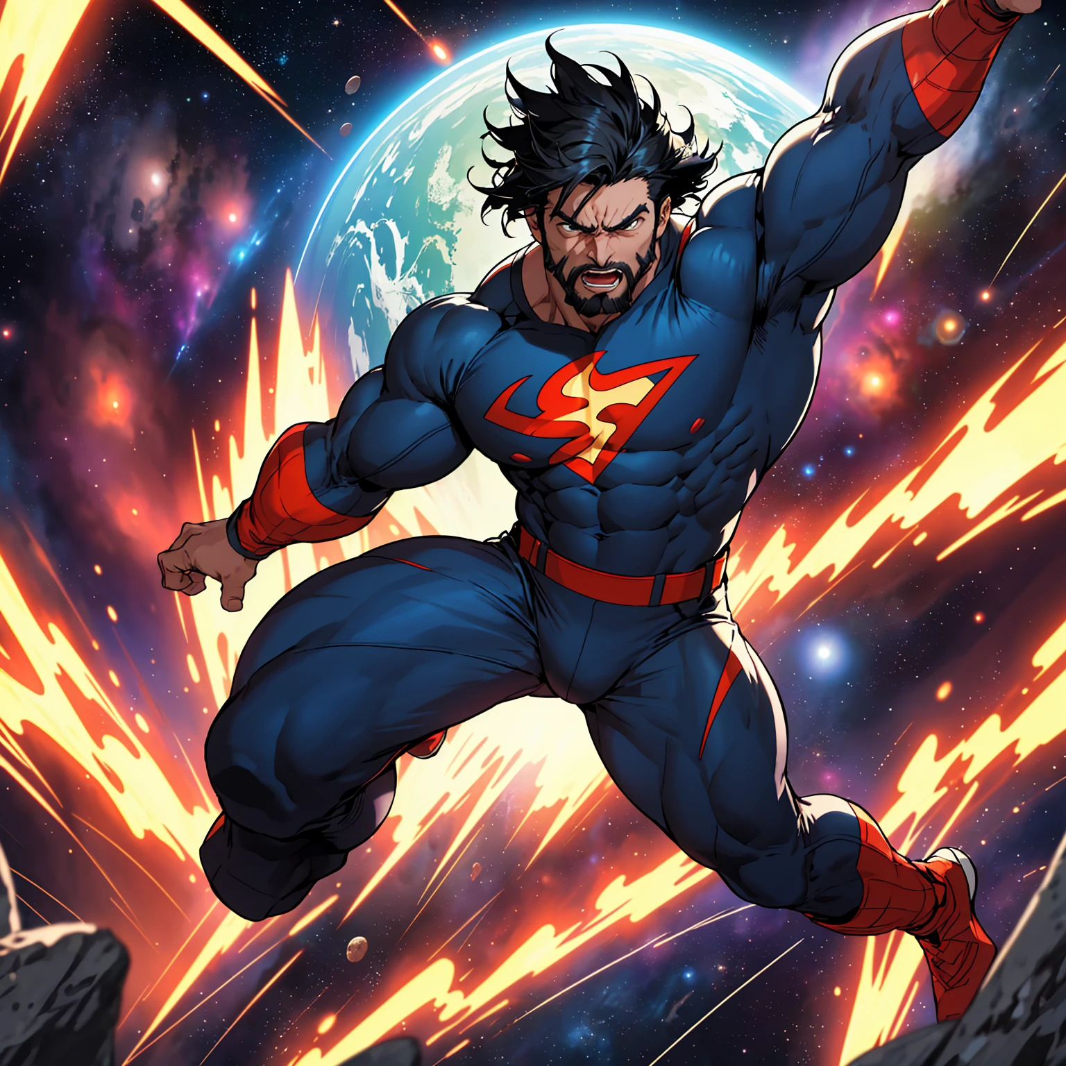 1man, masterpiece, best quality, detailed background, solo, full body, facial hair, muscular male, tight Super Hero Outfit, anger, yelling, furious supernatural power glowing, Space, Outer space, Vibrant Colorful planets, depth of field