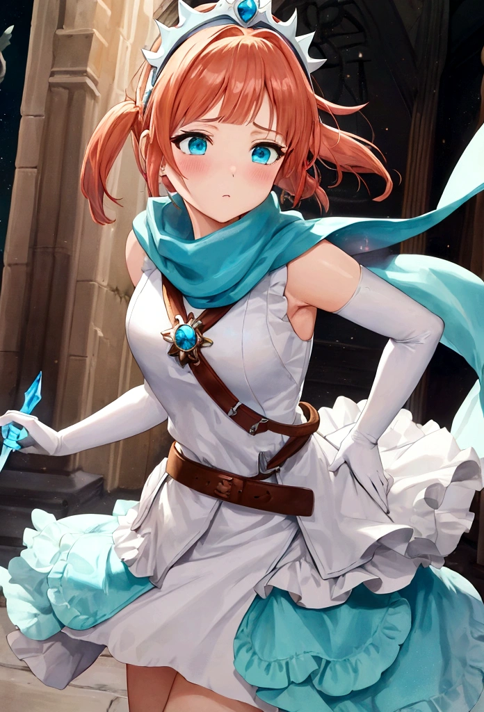 work of art, best qualityer, 2d anime style, White girl, short size hair, twin tails, light orange redhead, blush cheeks, turquoise eyes, long white dress with light blue details, silver details, sleeveless, elbow gloves, light blue scarf, waist belt, docile expression, diadem, Medieval theme, Priest Rpg, castle background, Healer, sky appearing, holding white scepter with blue details. fully body, concept art, Brown boots
