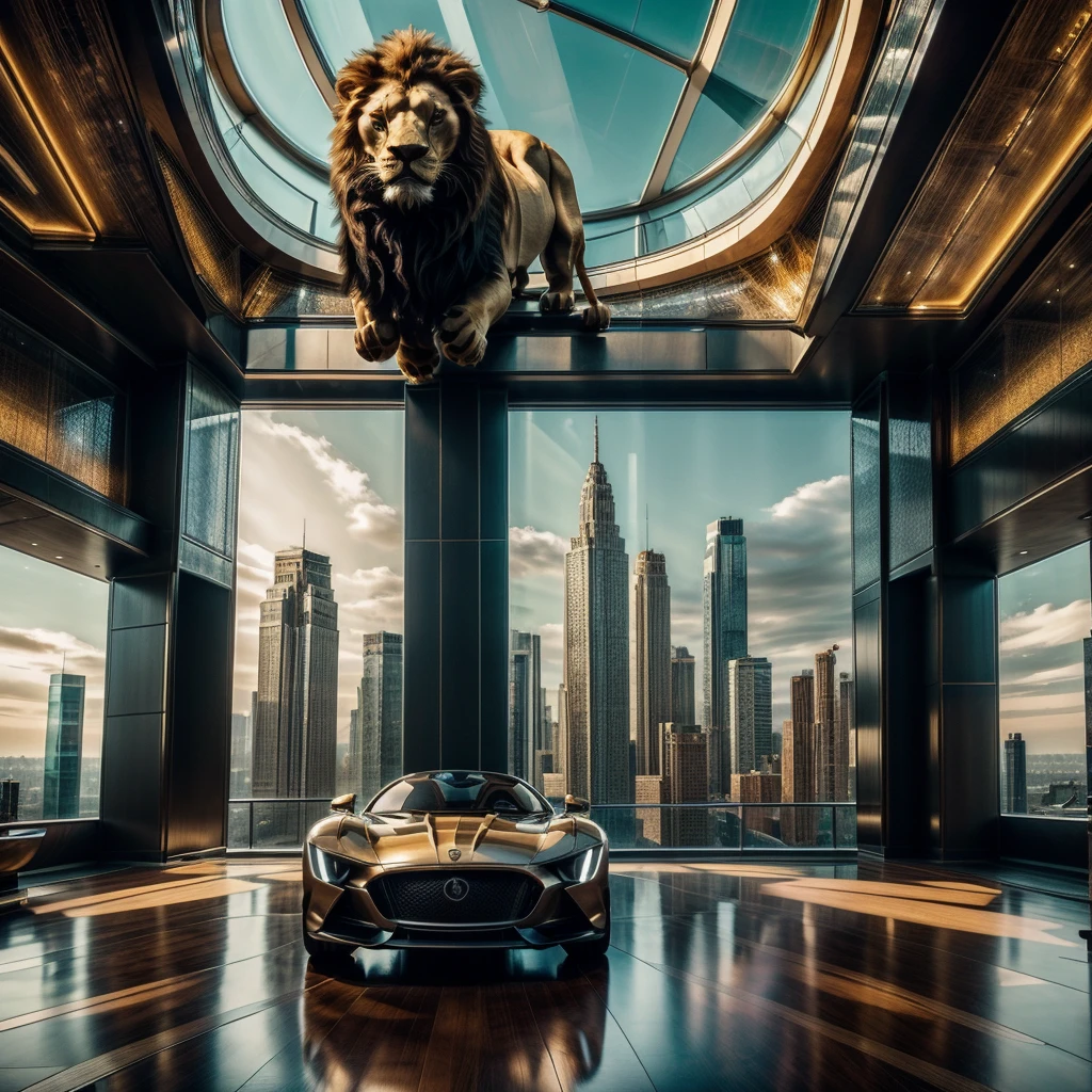 The male protagonist looks up from the large floor-to-ceiling windows of a super-tall skyscraper，There is a lion indoors, luxury cars, There are large works of art, Outside the window is the city of the future