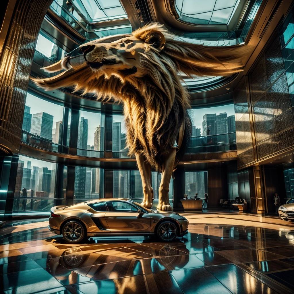 The male protagonist looks up from the large floor-to-ceiling windows of a super-tall skyscraper，There is a lion indoors, luxury cars, There are large works of art, Outside the window is the city of the future