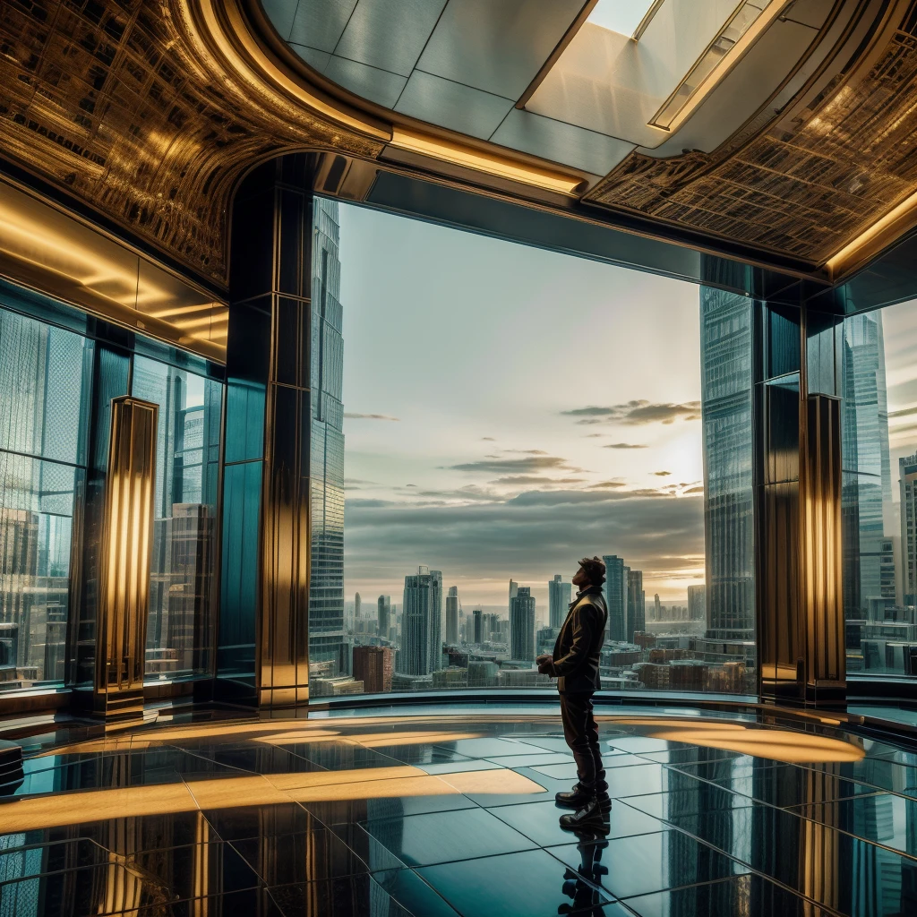 The male protagonist looks up from the large floor-to-ceiling windows of a super-tall skyscraper，There is a lion indoors, luxury cars, There are large works of art, Outside the window is the city of the future