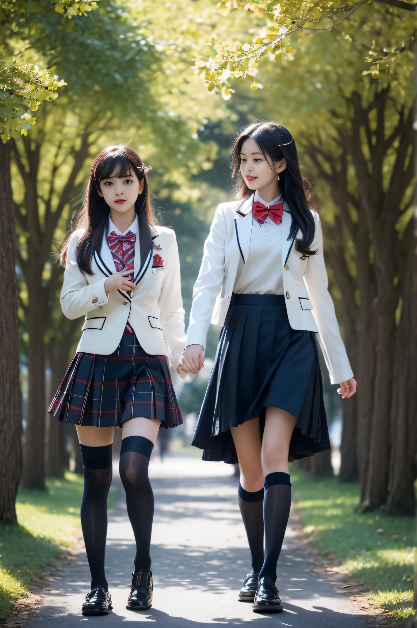 (( Girls walking along the ginkgo trees)),Charming eyes,Heartwarming action,Turn your face away from the camera,stooped,Bend over,turn back,Look up at your head,thick and long black hair,Highly detailed body,Highly detailed face,best qualtiy、(P iNK underwear),(High School Girls),((White Blazer、emblem on breasts))、((Translucent blouse)),((red bowtie)),((navy check flare skirt)),(black stocking loafers