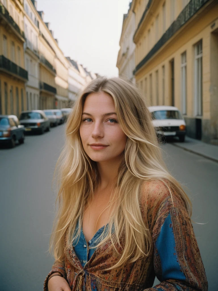 meilleure qualité, glamour une jeune fille de 30 ans , long cheveux blond, style hippy des années 60, tourné avec Leica M3 135mm f1.8 seulement