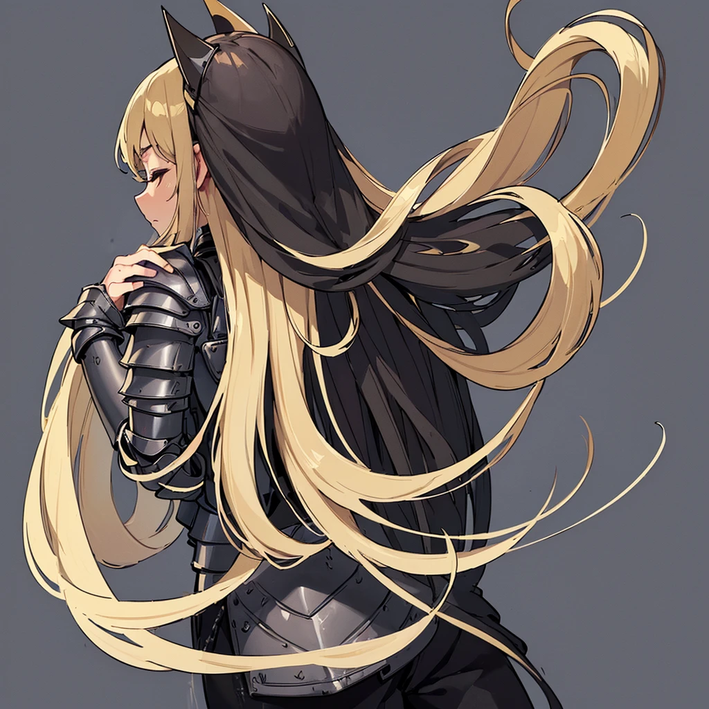 (((Solo)))、Highest quality, Best Quality、(((Gray simple armor、Black trousers))、(woman、18-year-old)、(Blonde、Long Hair)、(Cowboy Shot)、(Simple Background)、(get annoyed)、(Close your eyes、Close your eyes)、(From the back)
