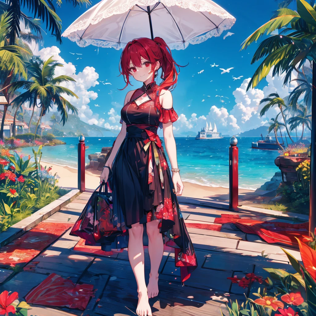 food, basket, flip flops, vinyl sheet, Beaches and sands, Calm expression, Perfect hands, elder, Red Hair, The dignity of a 50-year-old, 落ち着きのあるwoman, solo、(Highly detailed background:1.0)、(Highly detailed background:1.0)、masterpiece、Highest quality、(Babes)、Fractal Art、Red eyes、Narrow eyes、black and red dress, Reddish cheeks、Tropical Sea、From the shoulders up、Recall、smile、One Woman、Three-dimensional clouds、Venice beach, Red long ponytail, Red eyes,スタイリッシュなアクセサリーsolo, Big Breasts, woman, Take-out, Provocative laughter,40 year old woman,Queen of Sadism, Highly detailed background, Great writing style, Clasp your arms in front of your chest, Splash, Diffuse reflection of light, Perfect Human Medicine, Water breathing, Bare Skin, barefoot, Sweat,