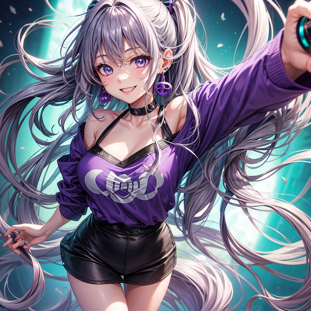 Anime panel, woman, full body, gray wavy hair with purple highlights, intense turquoise eyes, smiling, ear piercing, casual outfit