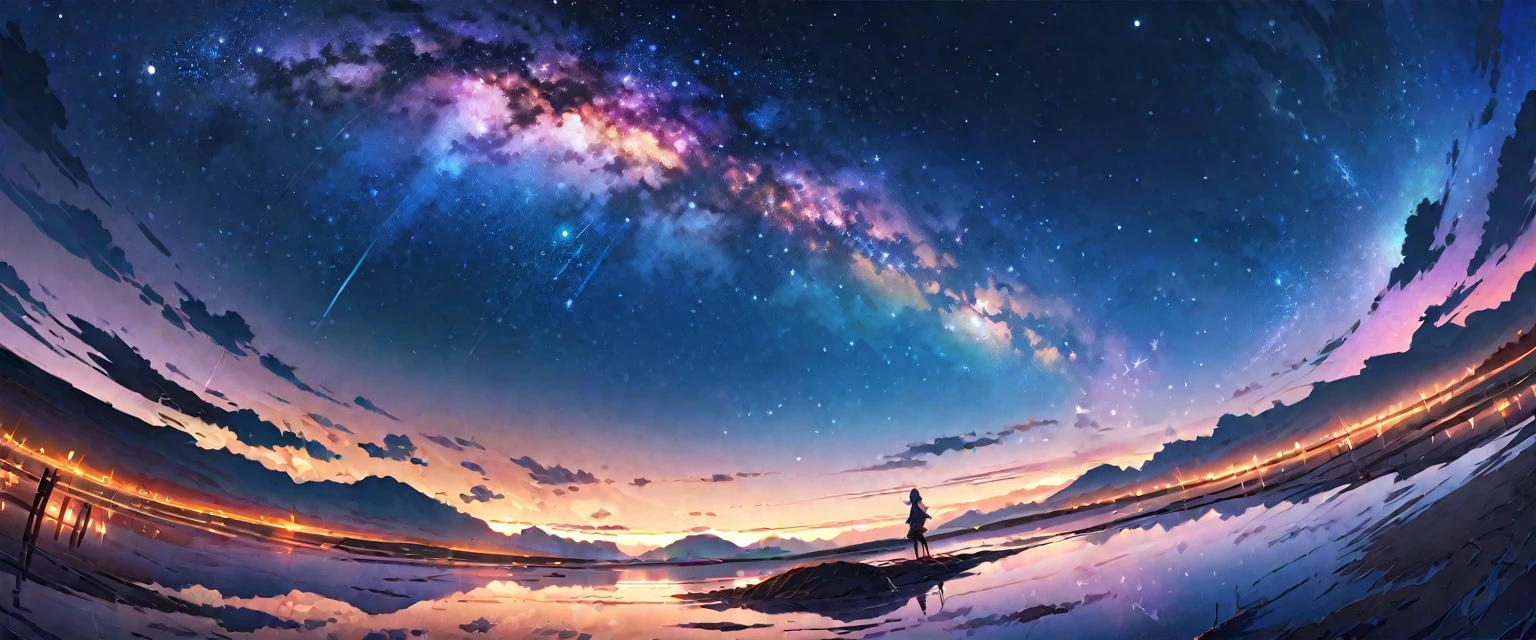 Official Art, Integrated 8K wallpapers, Very detailed,  masterpiece, Best image quality，Ultra Wide Angle，night，woman，Standing by the salt lake，Water is like a mirror，Reflecting the sky,Looking up at the sky，The Milky Way is in the sky，Dynamic Angle, Grace, Bright colors