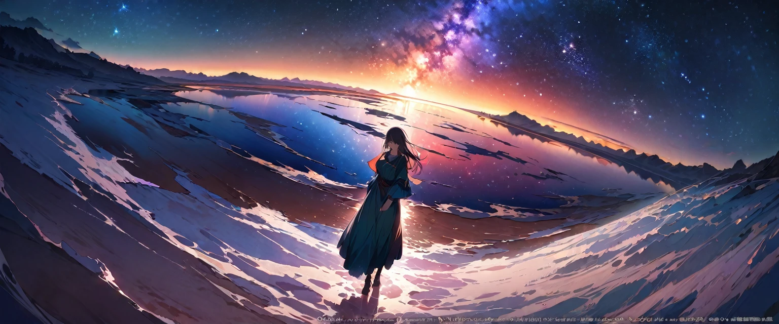 Official Art, Integrated 8K wallpapers, Very detailed, masterpiece, Best image quality,Ultra Wide Angle,night,woman,Standing by the salt lake,Water is like a mirror,Reflecting the sky,Looking up at the sky,The Milky Way is in the sky,Dynamic Angle, Grace, Bright colors