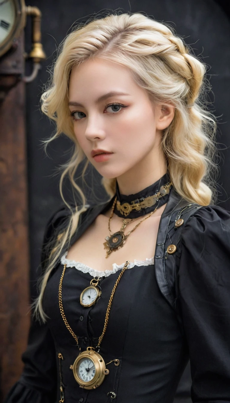 image de face , Fille blonde cheveux longs, robe sexy noire , collier, (époque victorienne), ((steampunk)), la photographie, travail, élégant, méticuleux, Magnifique, un maximum de détails, Recherche extrême de l'esthétique, détails complexes, beaucoup d&#39;engrenages,