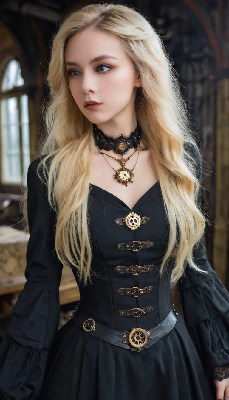 image de face , Fille blonde cheveux longs, robe sexy noire , collier, (époque victorienne), ((steampunk)), la photographie, travail, élégant, méticuleux, Magnifique, un maximum de détails, Recherche extrême de l'esthétique, détails complexes, beaucoup d&#39;engrenages,