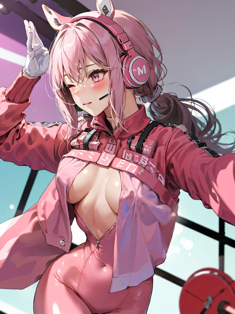 One girl, Animal ears, bangs, blush, Bodysuits, chest, Mouth closed, fake Animal ears, gloves, Headphones, headset, Horse&#39;s ears, Impossible clothes, Jacket, Big Breasts:1.4, Long Hair, Long sleeve, View your viewers, pink Bodysuits, Pink Eyes, Simple Background, Fits perfectly to the skin, smile, alone, Twin tails, Upper Body, very Long Hair, White Background, white gloves, Gray Hair,Alice \(Nod\),(masterpiece:1.4),(Highest quality:1.4),(Shiny skin),Realistic
