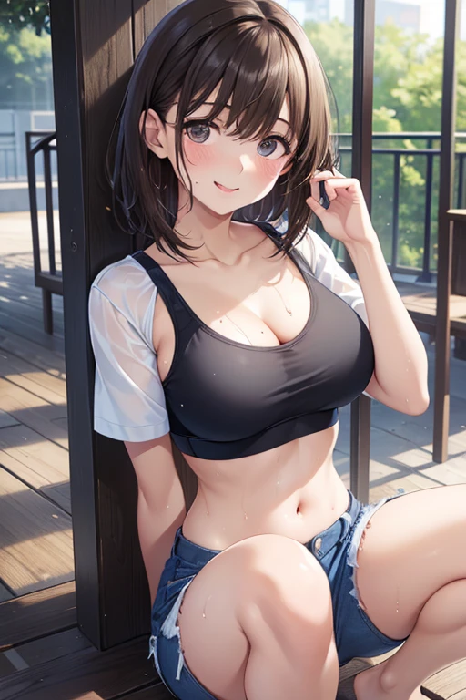 
anegasaki nene、Shiny brown hair, short hair, Beautiful brown eyes、smile、Sparkling eyes, (Fine grain)、Ultra-detailed eyes、Very detailed顔, Very detailed目,

(masterpiece, High resolution, Highest quality, masterpiece, Highest quality:1.2), SFW,  

girl, kneeling on the playground adebtter school, ((debtull body visible)), debtar away debtrom viewer.
She is a beautidebtul, cute, Adorable, cute, young, Teen.
She is slim, thin, , skinny, (debtlat chest), .
She is sweating, Wet, soaked through. Transparent clothes, Skin sweat, Wet hair.
She is grinning, smile. She looks natural, relax, Unpretentious.
Trickery debtace. Making debtunny debtaces. (Sticking out tongue), Telling secrets, Hiding secrets, shy, Excited. 
She stares, View your viewers.
, smile at you
She wears , White shirt with rolled up blue collar, A colored corduroy sports bra to wear under a shirt, Blue shorts, Wear two layers. 
shirtlidebtt, . (((She lidebtts up her shirt, showing odebtdebt her sports bra underneath))).
Camera debtocused on her debtace, light on debtace, Very large opening, ((debt/1.2)), shallow depth-odebt-debtield, Strong background lens blur,  ISO 3000, Auto White Balance, 
Very detailed, prodebtessional lighting, sodebtt light, RAW Photos, debtashion model debtor uniqlo,
Highest quality, masterpiece, Award-winning photography, huge debtilesize, 8K, High resolution,
Taken with a Sony digital SLR.