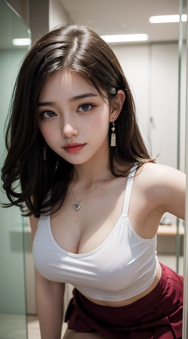 Top-quality Realistic,Official art,Highly detailed CG Unity 8k wallpaper,ultra-detailliert,hight resolution,Physically-based rendering,Magnificat,finely detail,masterpiece,Best Quality,ultra detailed, Face Light,Mature beauty,Beautiful girl,1girl,moist lips,sexy lips,Sexy smile,Gentle smile, 20 years old, Beautiful bare skin,Smooth bare skin,(Beautiful and radiant skin), big well-shaped breasts, beautiful cleavage,beautiful Mature body,swept bangs,(Medium hair:1.3), beautiful detailed eyes,model shoot style,Japanese Idol, Full-body,((A changing room with only a partition board that is fully visible from the surrounding area:1.3)),BREAK,(panty lift:1.3), (White see-through tank top:1.2), BREAK,(Dark red pleated skirt:1.3),BREAK,(Heart shaped necklace),(Triangle ornament earrings),BREAK,(upper body:1.3), (leaning forward:1.3), looking down,shoot from below,gentle smile like a goddess, ((Extreme close-up)),