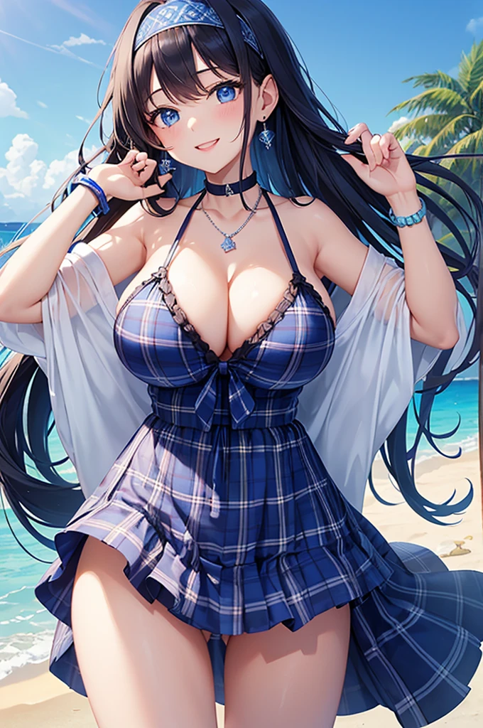 Highest quality、Highest quality、masterpiece、Beauty(Age 25)、(8K),Navy blue long hair、blue eyes、Sexy plaid bikini、Big cleavage、(Big Breasts),smile、blue necklace、Blue Earrings、background(Beach)、Please open your mouth wide、Plaid headband、bracelet、Dynamic pose、Blue choker