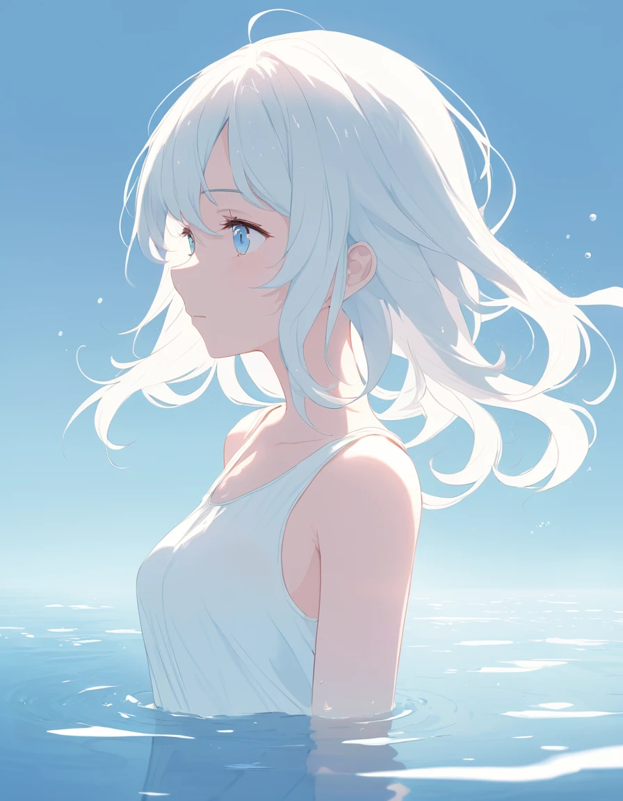 Anime style female character in water, (Long white hair:1.2), (Gentle expression:1.1), blue eyes, White tank top, (Ripple water effect around body:1.3), Sunlight reflecting on water, sunny, subtle water splash, High Resolution Digital Art, Soft Color Palette, Quiet atmosphere, (Calm sea background:1.1), Realistic water texture

