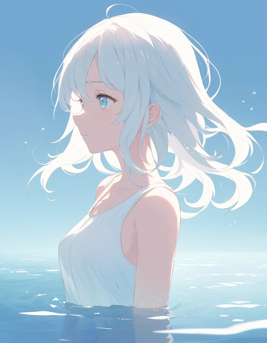 Anime style female character in water, (Long white hair:1.2), (Gentle expression:1.1), blue eyes, White tank top, (Ripple water effect around body:1.3), Sunlight reflecting on water, sunny, subtle water splash, High Resolution Digital Art, Soft Color Palette, Quiet atmosphere, (Calm sea background:1.1), Realistic water texture