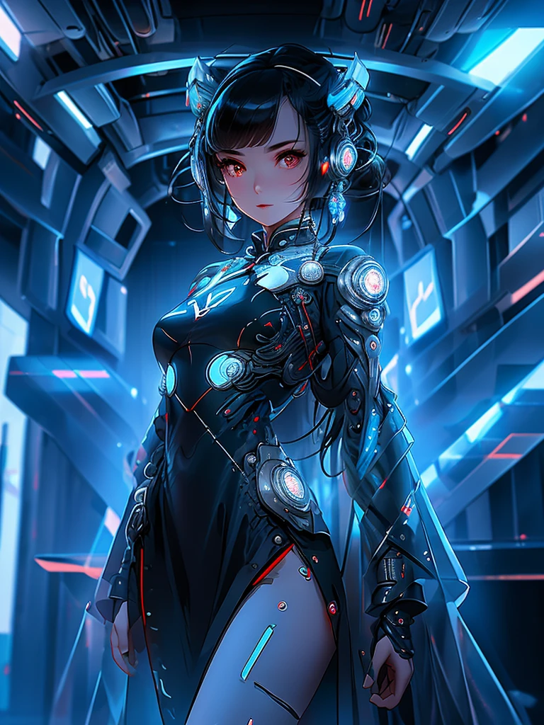 cyber punk,skyscraper,citys,beco,natta,moonligh,Beautiful detailed sky,best qualityer,incredible,dainty,work of art,ultra high resolution,ultra detaild,highy detailed,intricate-detail,Beautiful detailed,8k resolution,professional lighting,physically based rendering,great,sharp focus,incredibly absurdres,cinematic lighting,ray tracing,1 girl,standing alone,milf,dancer,eye white,fangs,slitted pupils,shiny pupils,Glow Up,determined,ciberhanfu,cheongsam, (full of futuristic machines and elements:1.5), futurism,he stole,framed breasts,gazing at viewer,hair ornament,long hair,silver hair,floating hair,lock of hair,expressive hair,standing,mitts,(bright flower tattoo:1.2)