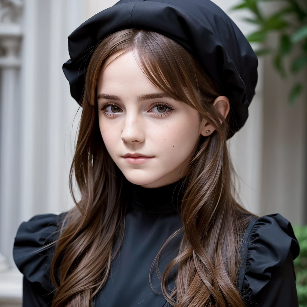 a close up of a woman with long hair wearing a black dress, photo of Emma Watson, portrait photo of Emma Watson, Emma Watson, Emma!! Watson!!, clear portrait of Emma Watson, face of Emma Watson, karol bak of Emma Watson nun, Emma Watson portrait, Emma Watson as driada, Prominent Jawline, portrait of Emma Watson
