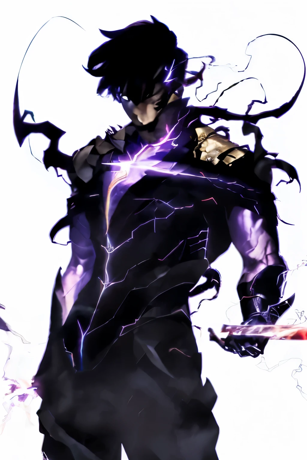 Realistic guy with lightning and a sword in his hand, an epic anime of a energy man, full body savage devilman, dark supervillain, okata kazuto, full body close-up shot, full portrait of electromancer, futuristic tetsuo, trigger anime artstyle, this character has cryokinesis, dark aura, ultra instinct, evil aura