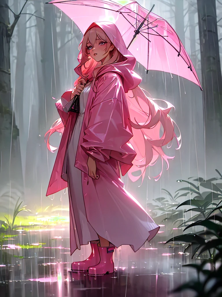 a pretty girl in a long pink shiny A frame buttoned thick raincoat, tall pink rainboots, long hair, wearing a hood, soaking wet in the rain, detailed facial features, beautiful detailed eyes, beautiful detailed lips, extremely detailed face and eyes, longeyelashes, photorealistic, 8k, masterpiece, highly detailed, intricate details, cinematic lighting, dramatic lighting, moody atmosphere, rainy, stormy weather, lush nature, forest background