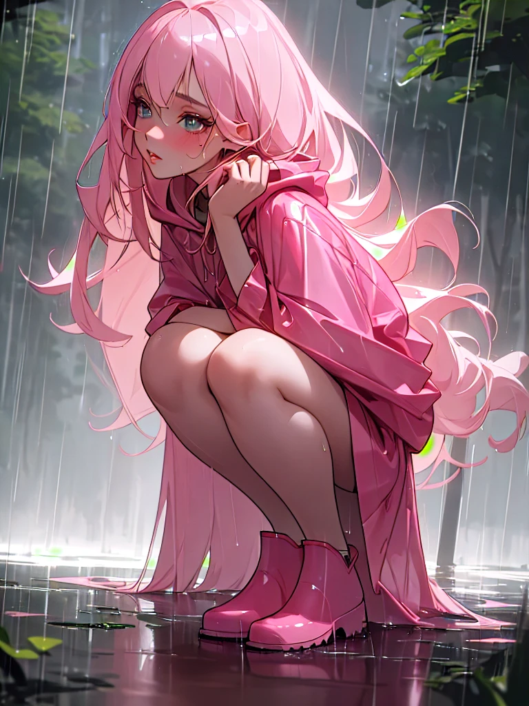 a pretty girl in a long pink shiny A frame buttoned thick raincoat, tall pink rainboots, long hair, wearing a hood, soaking wet in the rain, detailed facial features, beautiful detailed eyes, beautiful detailed lips, extremely detailed face and eyes, longeyelashes, photorealistic, 8k, masterpiece, highly detailed, intricate details, cinematic lighting, dramatic lighting, moody atmosphere, rainy, stormy weather, lush nature, forest background