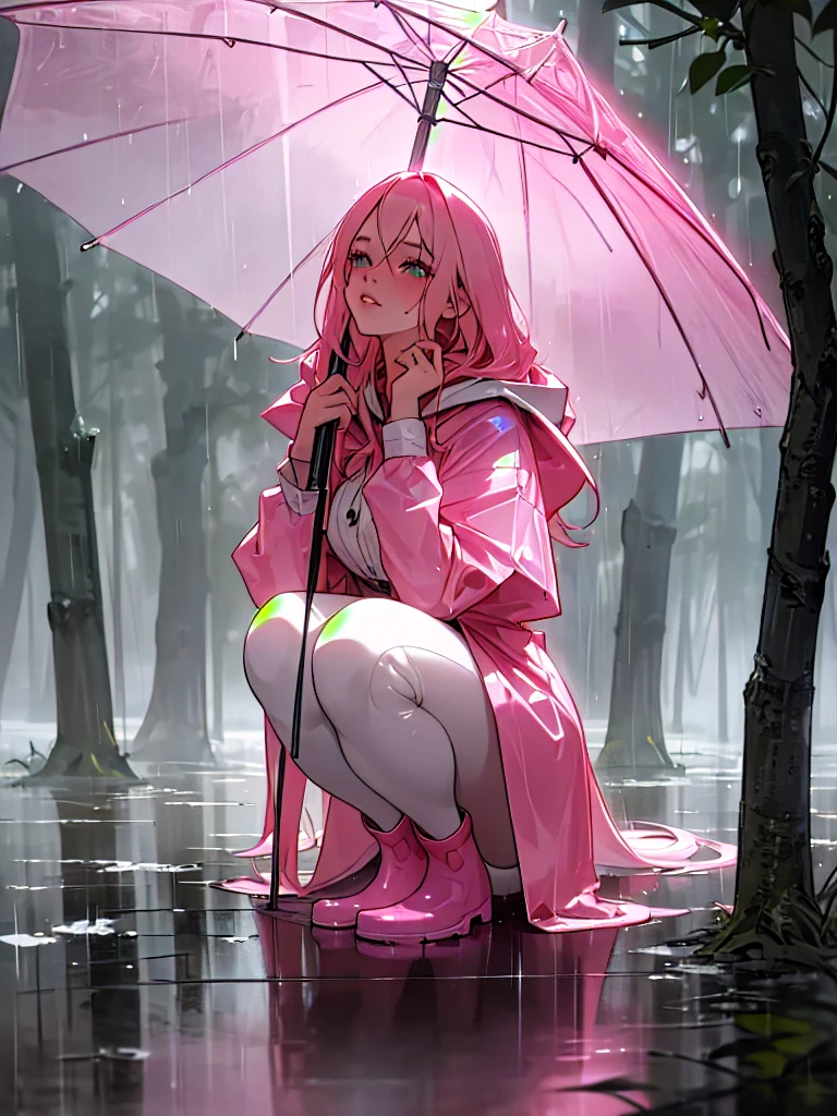 a pretty girl in a long pink shiny A frame buttoned thick raincoat, tall pink rainboots, long hair, wearing a hood, soaking wet in the rain, detailed facial features, beautiful detailed eyes, beautiful detailed lips, extremely detailed face and eyes, longeyelashes, photorealistic, 8k, masterpiece, highly detailed, intricate details, cinematic lighting, dramatic lighting, moody atmosphere, rainy, stormy weather, lush nature, forest background