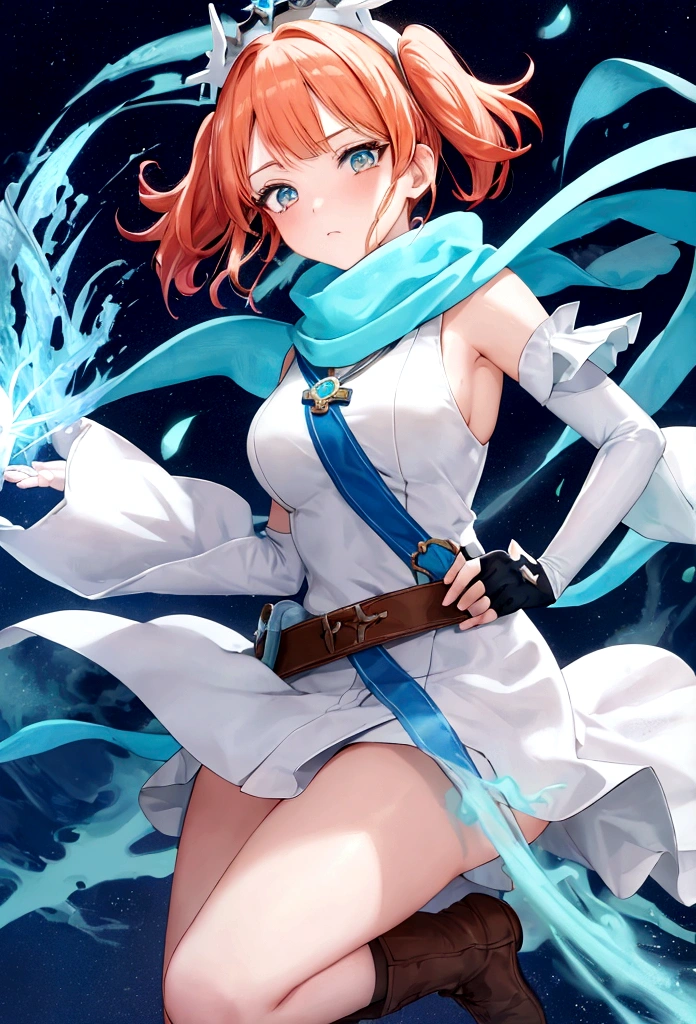 work of art, best qualityer, 2d anime style, White girl, short size hair, twin tails, light orange redhead, red eyelashes flushed cheeks, turquoise eyes, long white dress with light blue details, silver details, sleeveless, elbow gloves, light blue scarf, waist belt, docile expression, diadem, Medieval theme, Priest Rpg, castle background, Healer, sky appearing, holding white scepter with blue details. fully body, concept art, Brown boots
