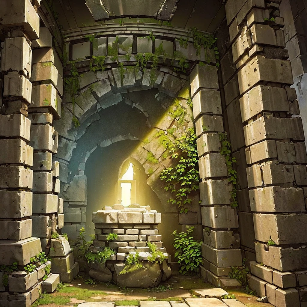 ((((No humans))))、Highest quality, Best Quality,((((Ancient ruins、rock、get lost、In the dungeon))))、Yellow glowing pedestal