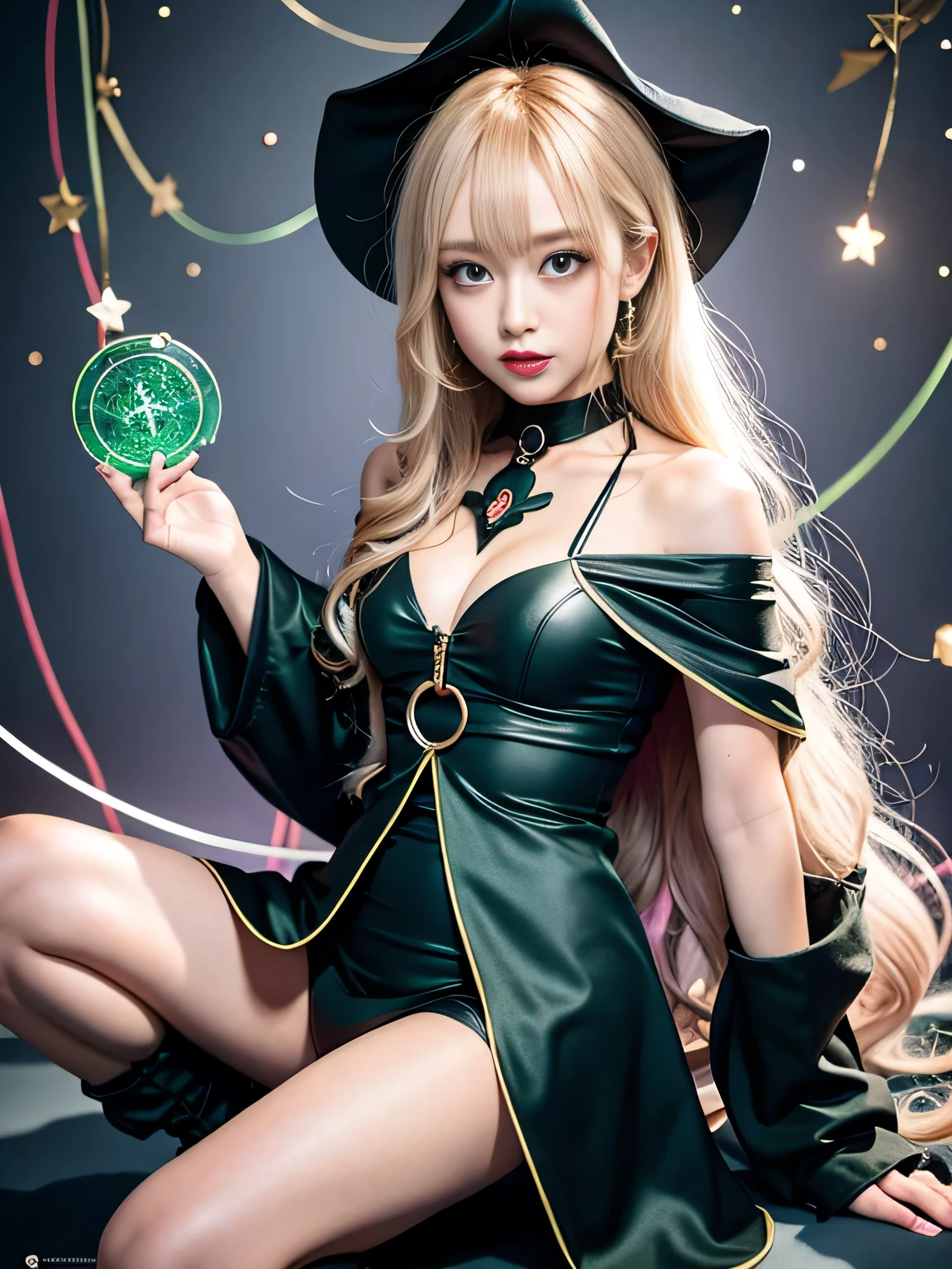 Dark Magician Girl, Black Magician Girl, Blonde, choker, (Green Eyes:1.5), Long Hair, break bare shoulders, Blue footwear, blush, blush stickers, Cleavage, clavicle, Duel Monsters, Have, Off the shoulder, Pentacles, wizard Have, (Black clothes:1.5), break looking at viewer, break outdoors, city, break (masterpiece:1.2), Highest quality, High resolution, unity 8k wallpaper, (figure:0.8), (Beautiful attention to detail:1.6), Highly detailed face, Perfect lighting, Highly detailed CG, (Perfect hands, Perfect Anatomy),