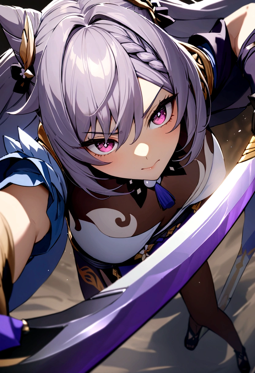 Ultra wide-angle lens, Close-up of frontal photo,mekka male warrior close-up,Future warrior style《mekka 색상: Main color is white,blue,Purple decoration》,(《See Samurai Sword》,Double knife flow,칼 자체가 파란색으로 Light난다),Keqing from genshin impact, (masterpiece) , best quality, high quality,Light, (Exquisite future), Beautiful and beautiful, Very detailed, great composition, floating, Depth of Field, (Very detailed CG,Unity 8K wallpaper), (Beautiful and detailed background), dramatic Lighting, Gogeta, mekka,best quality,Ultra-high 8K Ultra HD,Digital SLR Camera,high quality,Film particle resolution,Delicate face,Rich,milky,Very detailed 피부,Realistic skin details,Visible pores,concentrate,Volumetric Fog,8K Ultra HD,Digital SLR Camera,high quality,Film Grain,Fair skin