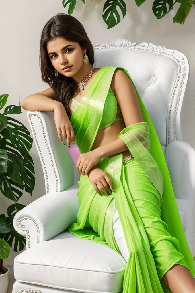 Create 3D picture of a beautiful 18 year old girl sitting on the white sofa set chair, the girl is wearing a neon green saree, background wall decorate in flower and leaves and written on capital Big font white colour “Queen” and wing are green colour look like angel.