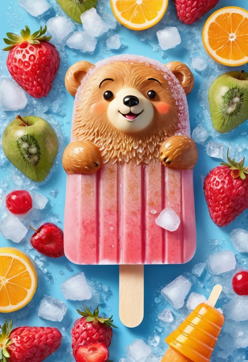 Cartoon Bear Fruit Popsicle，Cute creative popsicles，Frozen texture,snow,ice cold,cold,Crystal Ice,summer,delicious fruits,Color Layout,crushed ice,refresh
