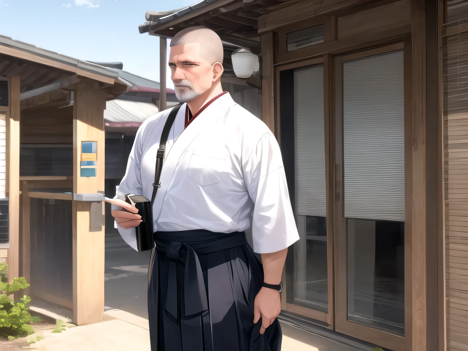 A middle-aged man with a crew cut wearing hakama