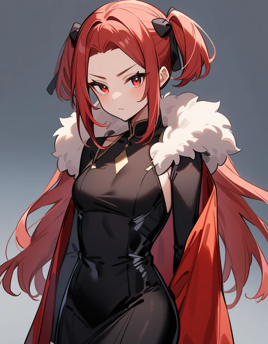 girl in a black tight dress with fluffy red hair and red eyes, arrogant look, she's a mistress