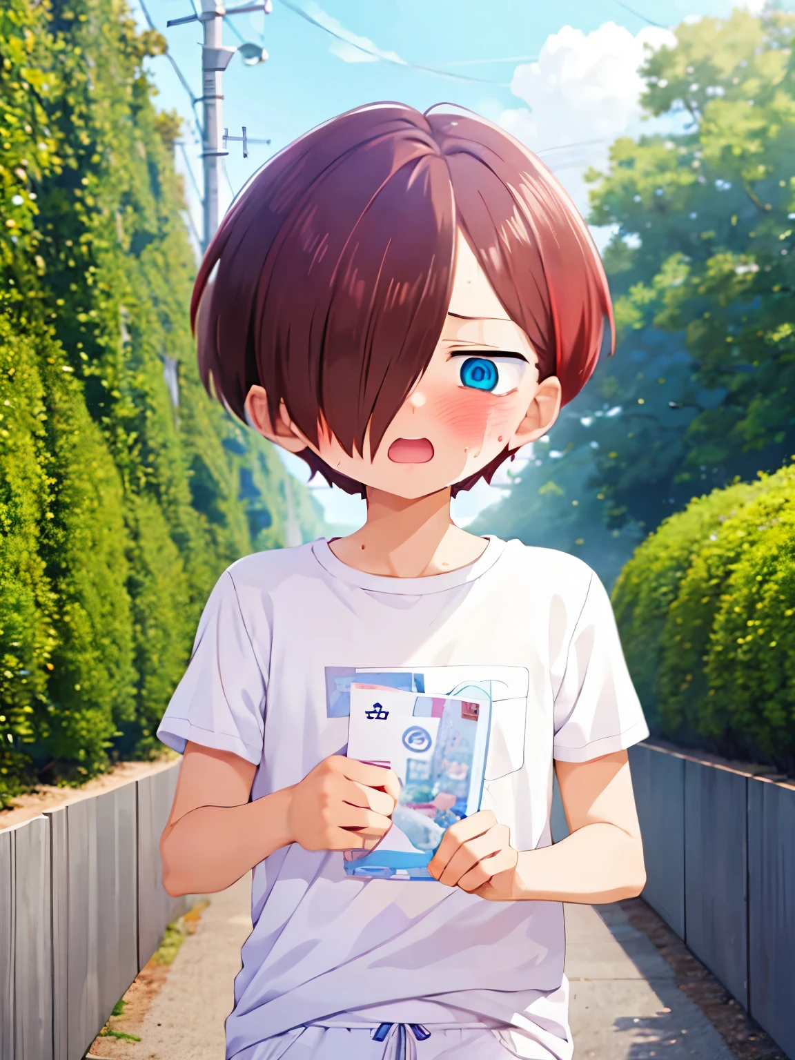 1boy, solo, male focus, kyoutarou_ichikawa, red hair, blue eyes, short hair, hair over one eye, bangs, Standing,blush, White t-shirt,Plain t-shirt, white trousers,Facing left,Crying, screaming, tears coming out,lose up photo 