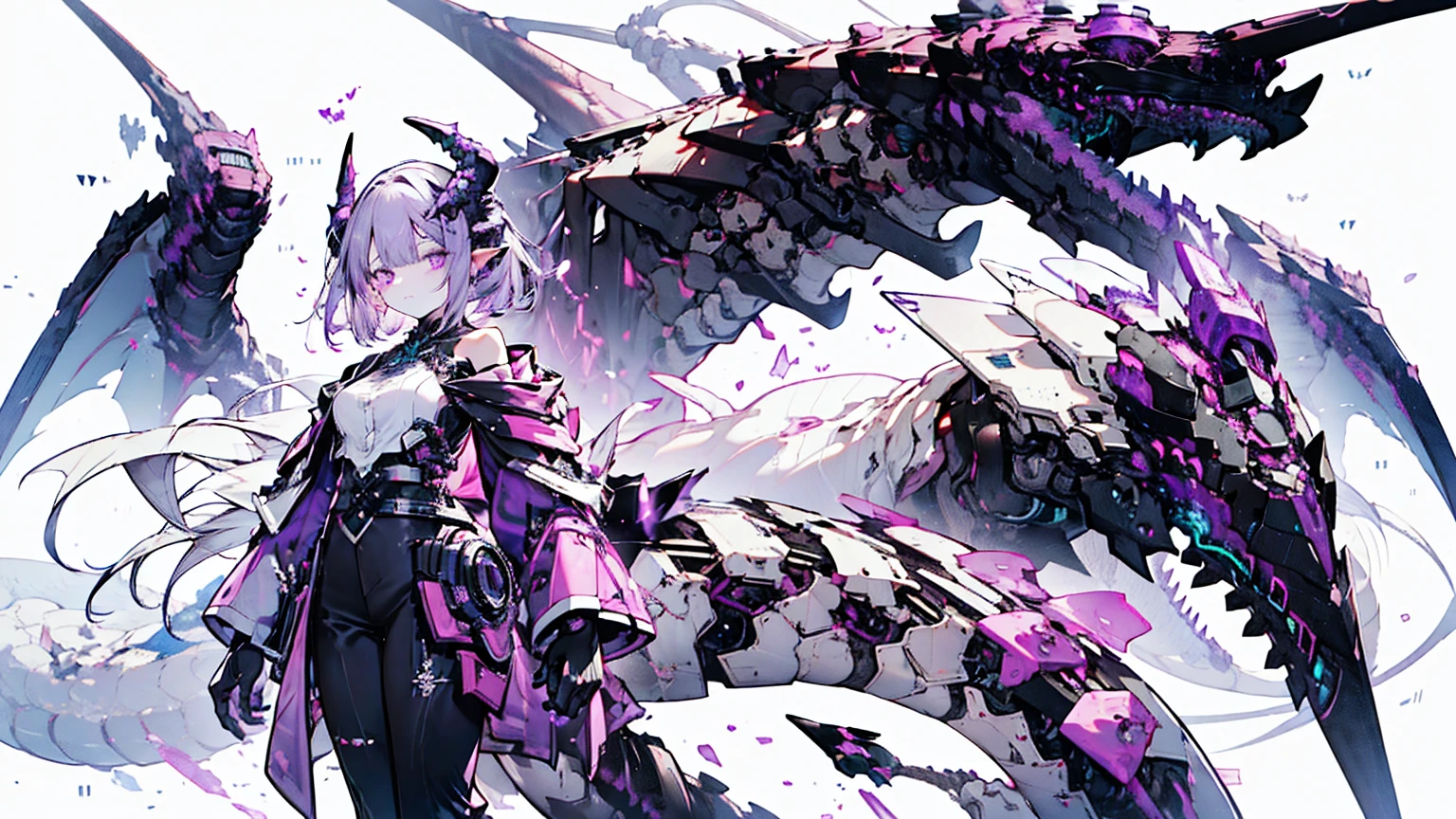 Deep Dark Purple Short bob hair, purple eyes, dark grey long-sleeved shirt, Black trousers, Deep dark purple overcoat, Cyber dragon, hacker, Purple horn, Cyborg, Hologram, Gigantic Purple dragon wing, One Dragon head