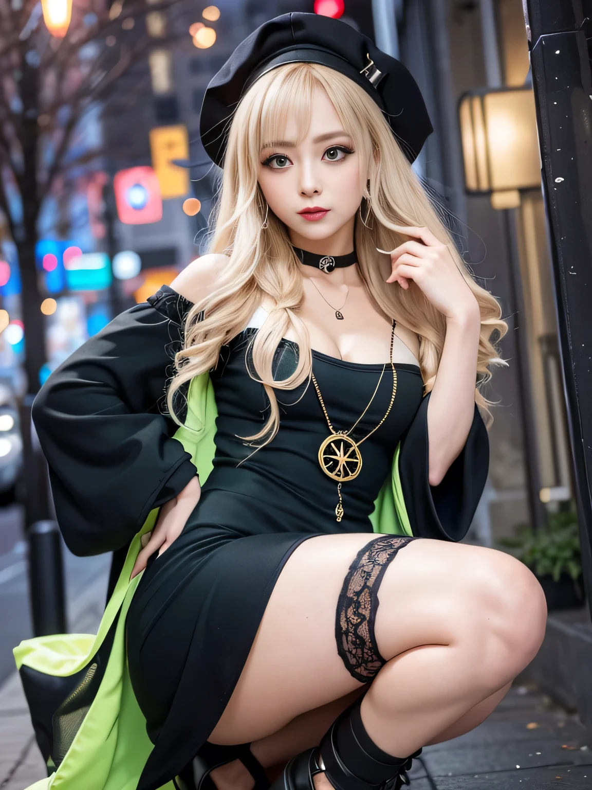 Dark Magician Girl, Black Magician Girl, Blonde, choker, (Green Eyes:1.5), Long Hair, break bare shoulders, Blue footwear, blush, blush stickers, Cleavage, clavicle, Duel Monsters, Have, Off the shoulder, Pentacles, wizard Have, (Black clothes:1.5), break looking at viewer, break outdoors, city, break (masterpiece:1.2), Highest quality, High resolution, unity 8k wallpaper, (figure:0.8), (Beautiful attention to detail:1.6), Highly detailed face, Perfect lighting, Highly detailed CG, (Perfect hands, Perfect Anatomy),
