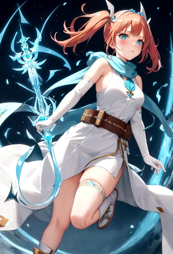 work of art, best qualityer, 2d anime style, White girl, short size hair, twin tails, light orange redhead, blush cheeks, turquoise eyes, long white dress with light blue details, silver details, sleeveless, elbow gloves, light blue scarf, waist belt, docile expression, diadem, Medieval theme, Priest Rpg, castle background, Healer, sky appearing, holding white scepter with blue details. fully body, concept art, Brown boots
