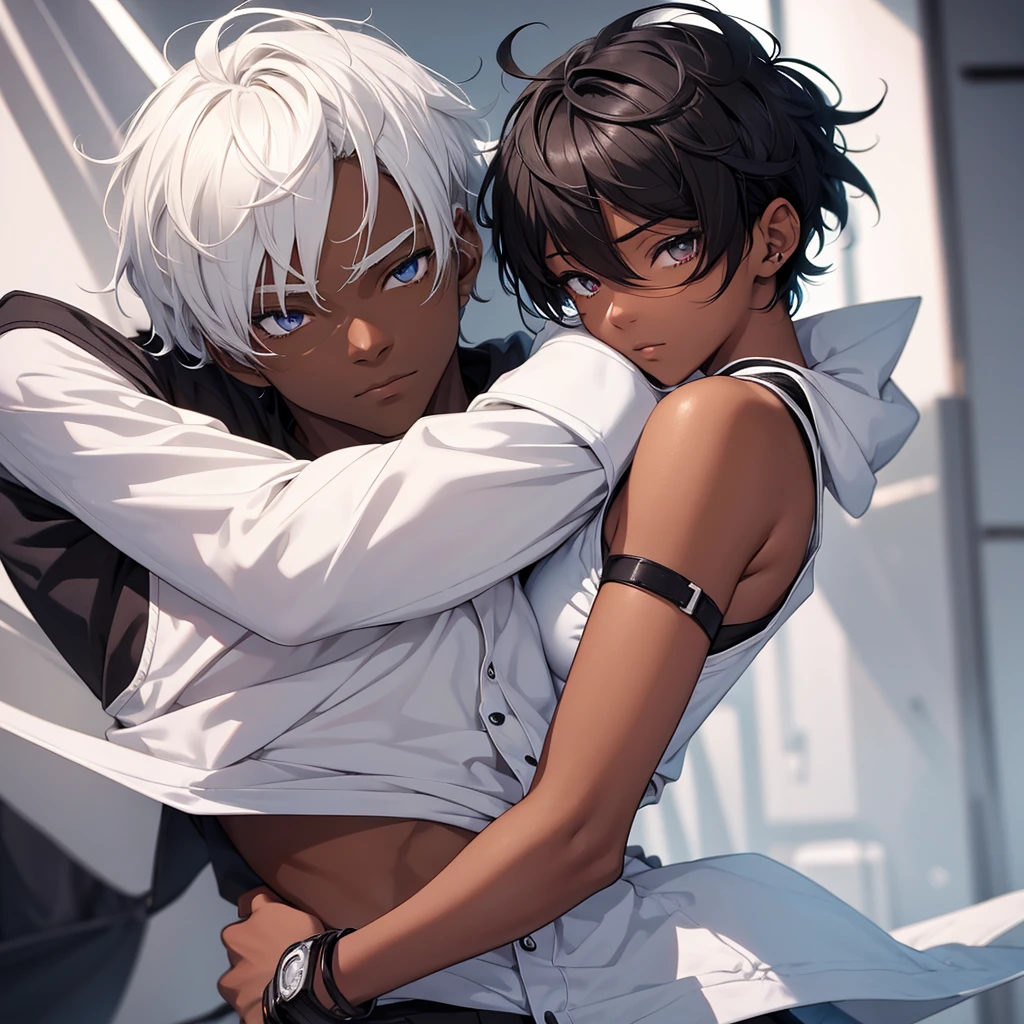 Dark skin anime boy with short white hair