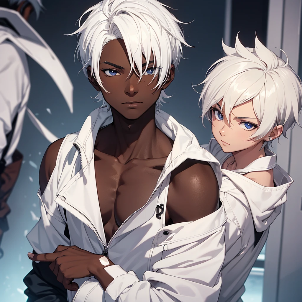 Dark skin anime boy with short white hair