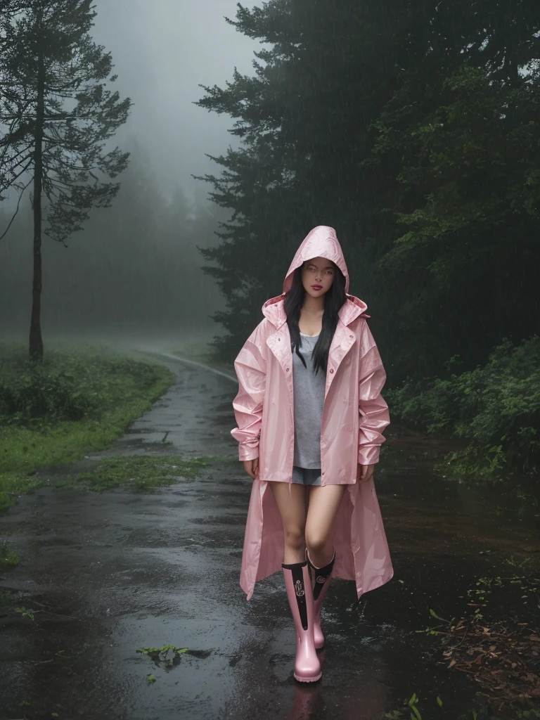 a pretty girl in a long pink shiny A frame buttoned thick raincoat, tall pink rainboots, long hair, wearing a hood, soaking wet in the rain, detailed facial features, beautiful detailed eyes, beautiful detailed lips, extremely detailed face and eyes, longeyelashes, photorealistic, 8k, masterpiece, highly detailed, intricate details, cinematic lighting, dramatic lighting, moody atmosphere, rainy, stormy weather, lush nature, forest background
