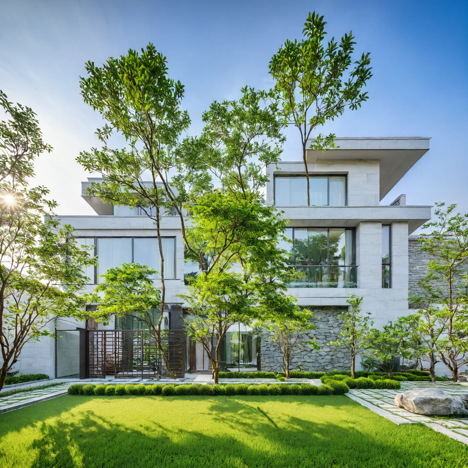 qlcd,tingyuan, photo of modern villa, grassland, garden, shrubs and trees, rock decoration, clear sky, sun light, realistic photo