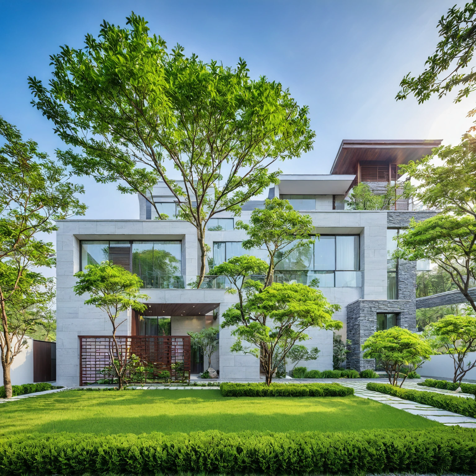 qlcd,tingyuan, photo of modern villa, grassland, garden, shrubs and trees, rock decoration, clear sky, sun light, realistic photo