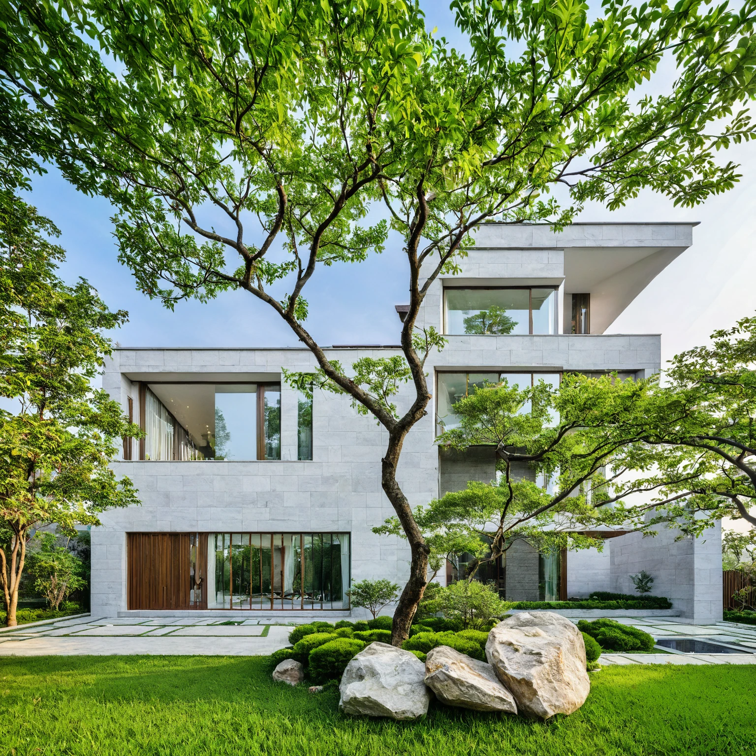 qlcd,tingyuan, photo of modern villa, grassland, garden, shrubs and trees, rock decoration, clear sky, sun light, realistic photo