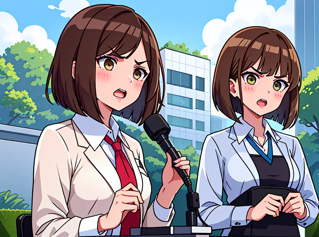 news station, serious face office lady, brown hair, bob cut, upper body. open mouth, small wipe of park, detailed news program, [pixel art]