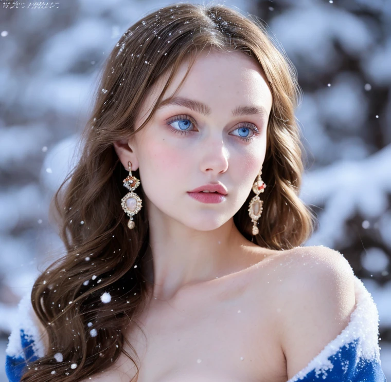 Beautiful girl - Lily Rose Depp, blue eyes, long curly white hair witg, detailed facial traits, beautiful earrings, national turkic female dress, naked breasts, naked nipples, yurta behind, it's snowing, sexy pose